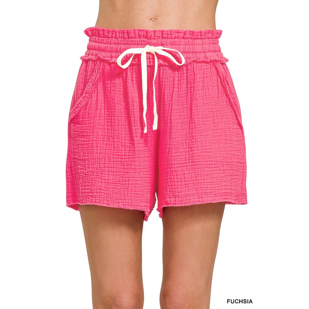 ZENANA - DOUBLE GAUZE ELASTICBAND DRAWSTRING WAIST SHORTS WITH POCKETS - SMALL